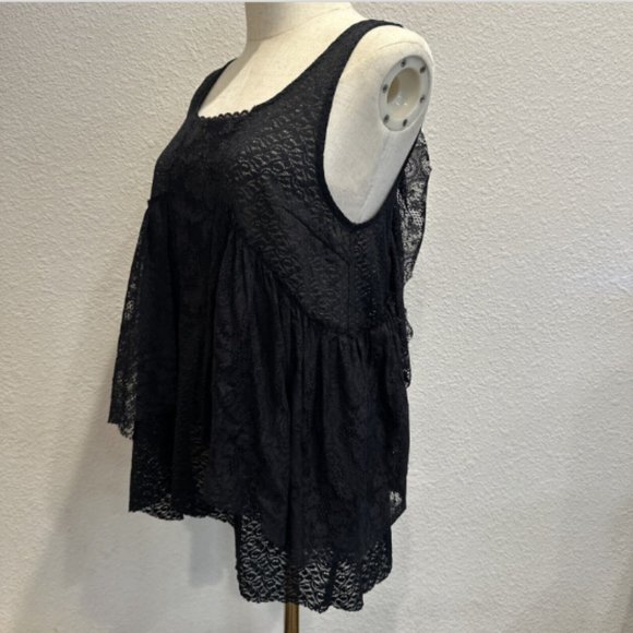 Free People Small‎ Black Sleeveless Blouse Lace Ruffles Stretch Sheer Tank Top - Picture 3 of 10